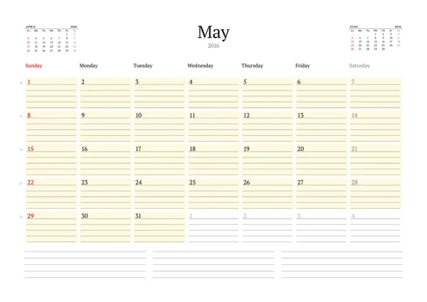 Plantilla de calendario para mayo de 2016. La semana empieza el domingo. Plantilla de impresión de diseño de planificador. Calendario vectorial. Diseño de papelería — Archivo Imágenes Vectoriales