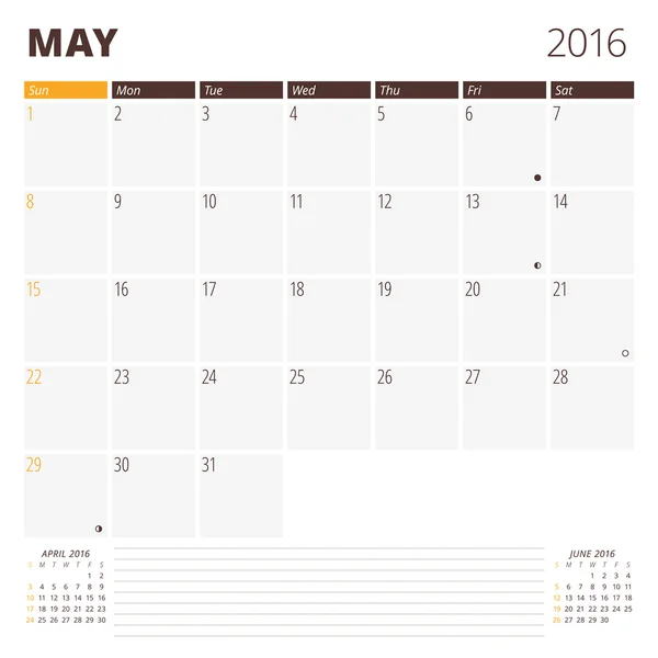 Calendario Template per maggio 2016. La settimana inizia domenica. Modello di stampa Design Planner. Calendario vettoriale. Progettazione articoli di cancelleria — Vettoriale Stock