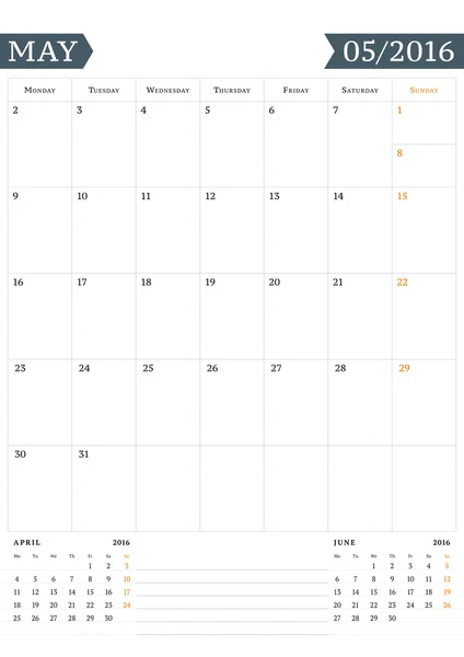 Calendario Template per maggio 2016. La settimana inizia lunedì. Calendario da parete Planner Design Print Template. Calendario vettoriale. Progettazione articoli di cancelleria — Vettoriale Stock