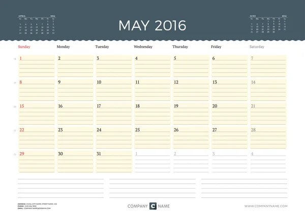 Πρότυπο ημερολογίου για 2016 Μαΐου. Η εβδομάδα ξεκινά την Κυριακή. Πρότυπο εκτύπωσης σχεδίασης σχεδιαστή. Ημερολόγιο διανύσματος. Σχεδιασμός επιστολόχαρτου — Διανυσματικό Αρχείο
