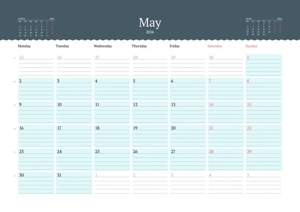 Calendario Template per maggio 2016. La settimana inizia lunedì. Modello di stampa Design Planner. Calendario vettoriale. Progettazione articoli di cancelleria — Vettoriale Stock