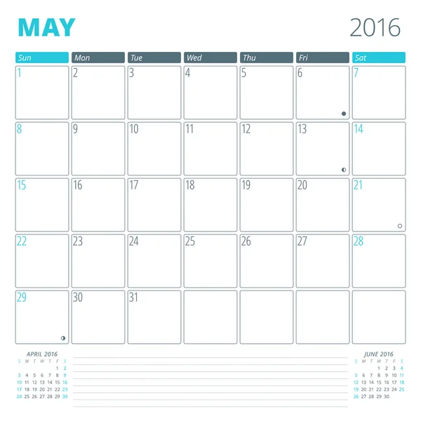 Szablon kalendarza dla maja 2016. Tydzień rozpoczyna się niedziela. Szablon wydruku projektu Planner. Kalendarz wektorowy. Projektowanie papeterii — Wektor stockowy