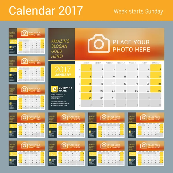 Календар столів на 2017 рік. Векторний дизайн Друкувати шаблон з місцем для фото, логотипом та контактною інформацією. Тиждень починається неділя. Сітка календаря з номерами тижнів і місцем для нотаток — стоковий вектор