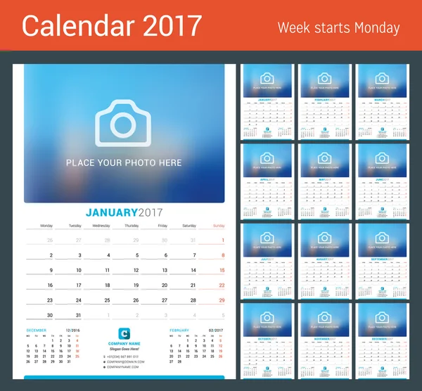 Calendário mensal de parede para 2017 Ano. Modelo de impressão de design vetorial com lugar para foto. Semana começa segunda-feira —  Vetores de Stock