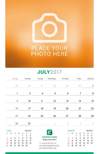 Juli 2017. wall monatlichen Kalender für 2017 Jahr. Vektor Design Druckvorlage mit Platz für Foto. Die Woche beginnt am Sonntag. 3 Monate auf Seite — Stockvektor