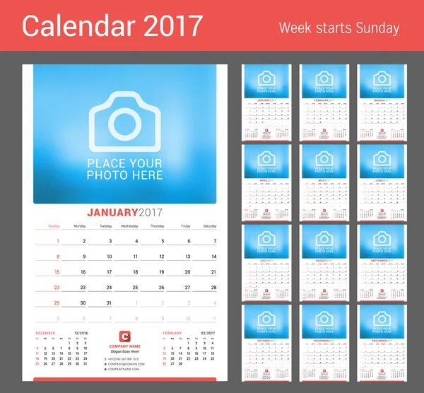 2017 Yılı Duvar Aylık Takvimi. Fotoğraf Için Yer ile Vektör Tasarım Yazdırma Şablonu. Hafta Pazar Başlıyor
