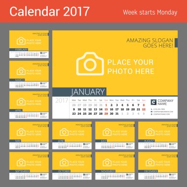 Danışma hattı takvim 2017 yıl için. Vektör tasarım arka plan yazdırma şablonu. Hafta başlıyor Pazartesi