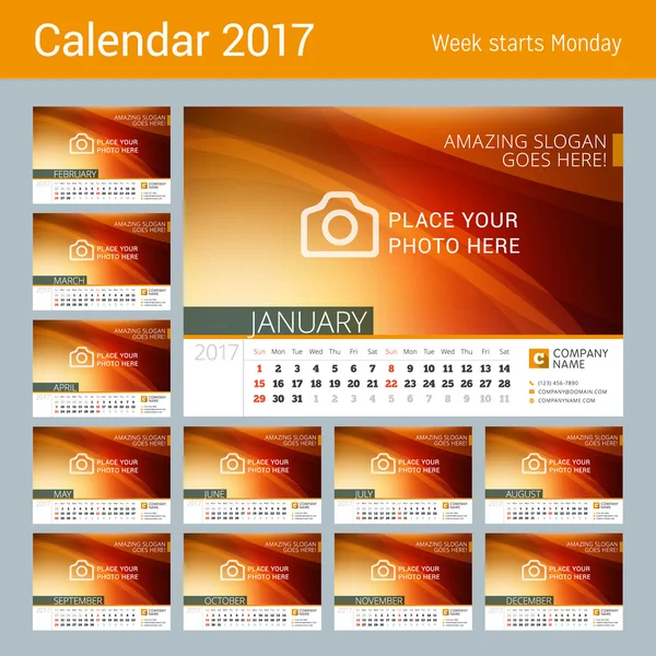 Desk Line Calendar para 2017 Ano. Modelo de impressão de design vetorial com fundo abstrato. Semana começa domingo —  Vetores de Stock