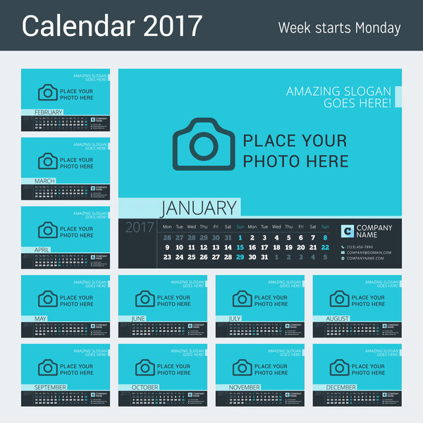 Desk Line Calendar for 2017 Year. Vector Design Print Template with Abstract Background. Week Starts Monday