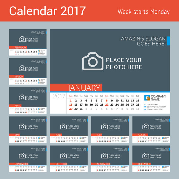 Desk Line Calendar for 2017 Year. Vector Design Print Template with Abstract Background. Week Starts Sunday