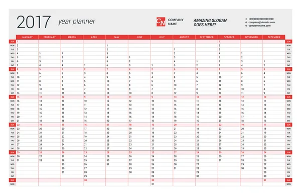 Modelo de Planejador de Calendário de Parede Anual para 2017 Ano. Modelo de impressão de design vetorial. Semana começa domingo — Vetor de Stock