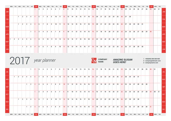 Modelo de Planejador de Calendário de Parede Anual para 2017 Ano. Modelo de impressão de design vetorial. Semana começa segunda-feira —  Vetores de Stock