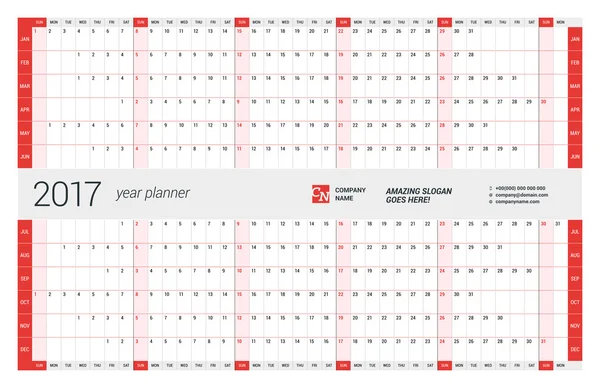 Roczny ściany Planner szablon kalendarza na rok 2017. Wektor szablon wydruku projektu. Rozpoczyna się tydzień Niedziela — Wektor stockowy