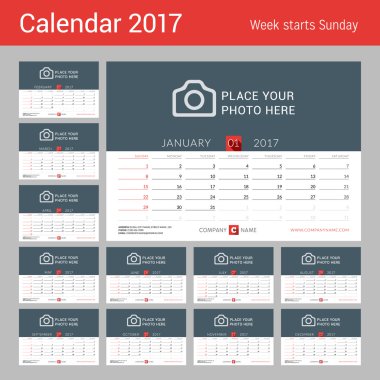 Masa takvimi 2017 yıl için. Vektör yazdırma şablonu fotoğraf için bir yer. Hafta Pazar günü başlar