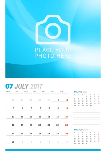 July 2017. Wall Monthly Calendar for 2017 Year. Vector Design Print Template with Place for Photo. Week Starts Monday. 3 Months on Page. Planner Template. Stationery Design — Stock Vector