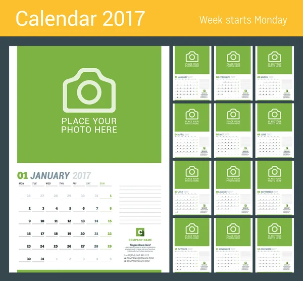 Calendário mensal de parede para 2017 Ano. Modelo de impressão de design vetorial com lugar para foto. A semana começa segunda-feira. Modelo de Planner. Design de artigos de papelaria —  Vetores de Stock