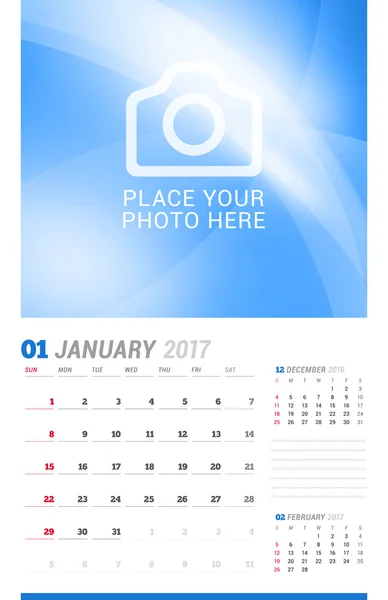 January 2017. Wall Monthly Calendar for 2017 Year. Vector Design Print Template with Place for Photo. Week Starts Sunday. 3 Months on Page. Planner Template. Stationery Design — Stock Vector