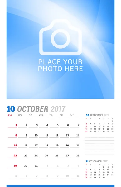October 2017. Wall Monthly Calendar for 2017 Year. Vector Design Print Template with Place for Photo. Week Starts Sunday. 3 Months on Page. Planner Template. Stationery Design — Διανυσματικό Αρχείο