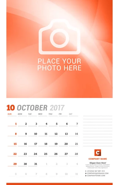 Octubre de 2017. Muro Calendario mensual para 2017 Año. Plantilla de impresión de diseño vectorial con lugar para la foto. La semana empieza el domingo. Plantilla de Planificador. Diseño de papelería — Vector de stock