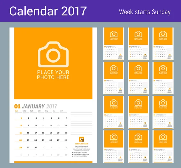 Calendário mensal de parede para 2017 Ano. Modelo de impressão de design vetorial com lugar para foto. A semana começa no domingo. Modelo de Planner. Design de artigos de papelaria —  Vetores de Stock