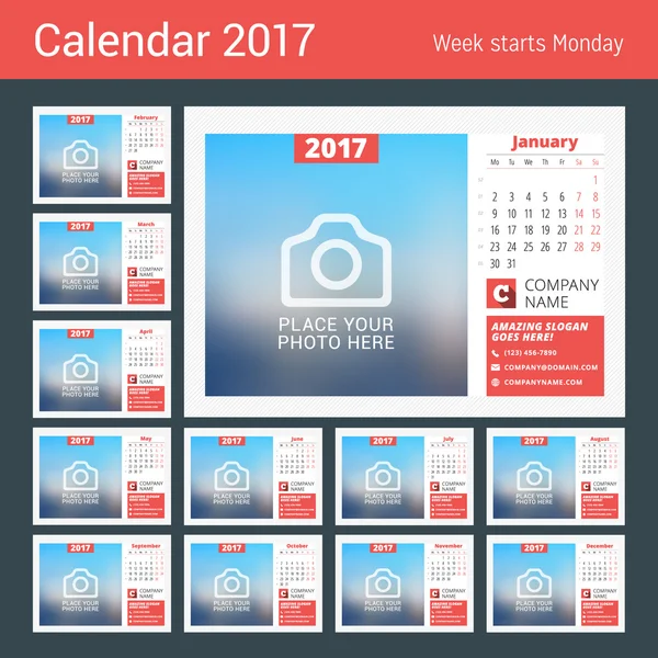 Calendário de mesa para 2017 ano. Modelo de impressão vetorial com lugar para foto. A semana começa segunda-feira. Página do calendário. Desenho de papelaria —  Vetores de Stock