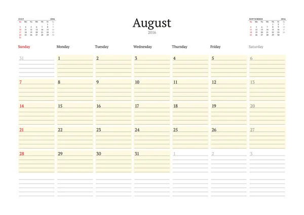Calendar Template for August 2016. Week Starts Sunday. Planner Design Print Template. Vector Calendar. Stationery Design — Stock Vector