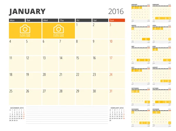 Modelo de Planejador de Calendário para 2016 Ano. Modelo de impressão de design vetorial. A semana começa segunda-feira. Grade de calendário com lugar para fotos e notas. Conjunto de 12 Meses —  Vetores de Stock