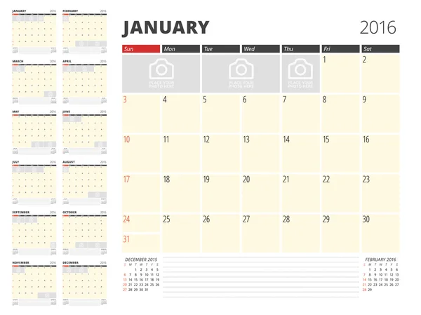 2016 年のカレンダー プランナー テンプレートです。ベクター デザインの印刷テンプレートです。週は日曜日から開始します。写真やメモのための場所とカレンダー グリッド。12 ヶ月セット — ストックベクタ