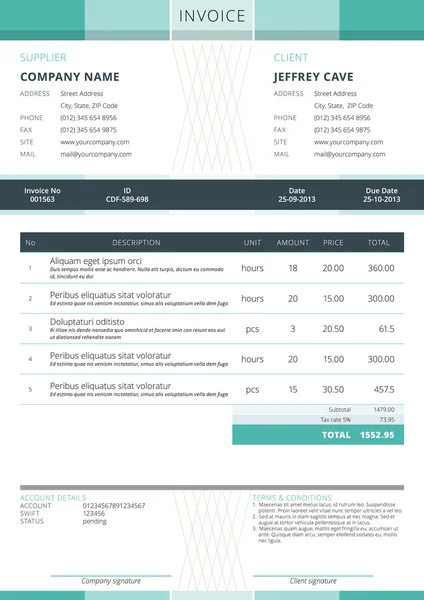 Plantilla de factura comercial. Ilustración vectorial. Formulario de factura. Diseño de papelería — Vector de stock