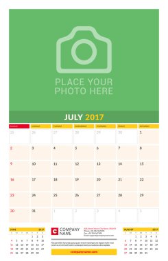 July 2017. Wall Monthly Calendar for 2017 Year. Vector Design Print Template with Place for Photo. Week Starts Sunday. 3 Months on Page. Planner Template. Stationery Design