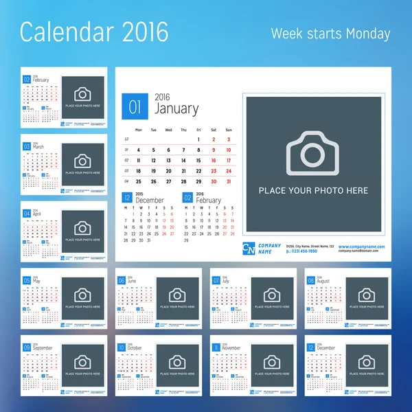 Календар на 2016 рік. Шаблон векторного дизайну друку з місцем для фотографії. Тиждень починається з понеділка. Набір з 12 сторінок календаря. Дизайн канцелярського приладдя — стоковий вектор
