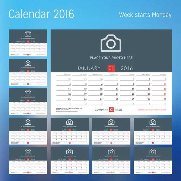 Calendar pentru anul 2016. Design vectorial șablon de imprimare cu loc pentru fotografie. Săptămâna începe luni. Set de 12 pagini calendaristice. Design papetărie — Vector de stoc