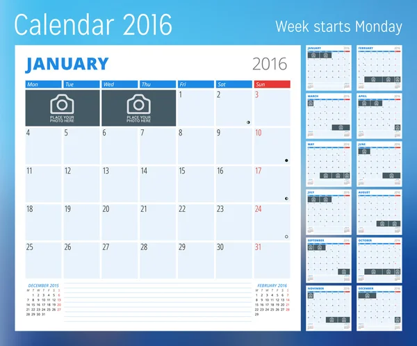 Ημερολόγιο για 2016 έτος. Πρότυπο σχεδιαστή. Πρότυπο εκτύπωσης διανυσματικού σχεδιασμού με θέση για φωτογραφία. Η εβδομάδα αρχίζει τη Δευτέρα. Σύνολο 12 σελίδων ημερολογίου. Σχεδιασμός επιστολόχαρτου — Διανυσματικό Αρχείο