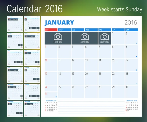Kalender för 2016 år. Vektor design Skriv ut mall med plats för foto. Veckan startar söndagen. Uppsättning med 12 kalendersidor. Brevpapper design — Stock vektor
