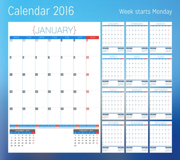 Calendario per l'anno 2016. Modello di progettista. Modello di stampa vettoriale. La settimana inizia lunedì. Set di 12 pagine del calendario. Progettazione di articoli di cancelleria — Vettoriale Stock