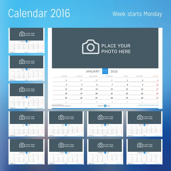 Kalendarz na 2016 rok. Szablon planisty. Projekt wektorowy Drukuj szablon z miejscem na zdjęciu. Tydzień rozpoczyna się w poniedziałek. Zestaw 12 stron kalendarza. Projektowanie papeterii — Wektor stockowy