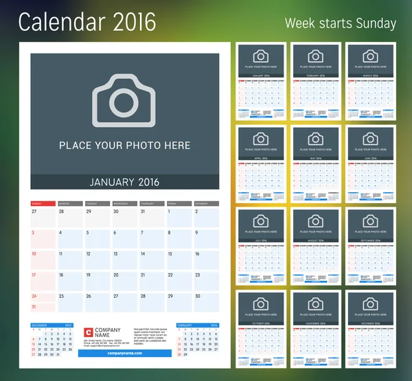 Календарь 2016 года. Векторный дизайн печати шаблон с местом для фото. Неделя начинается в воскресенье. Набор из 12 календарных страниц. Канцелярский дизайн — стоковый вектор