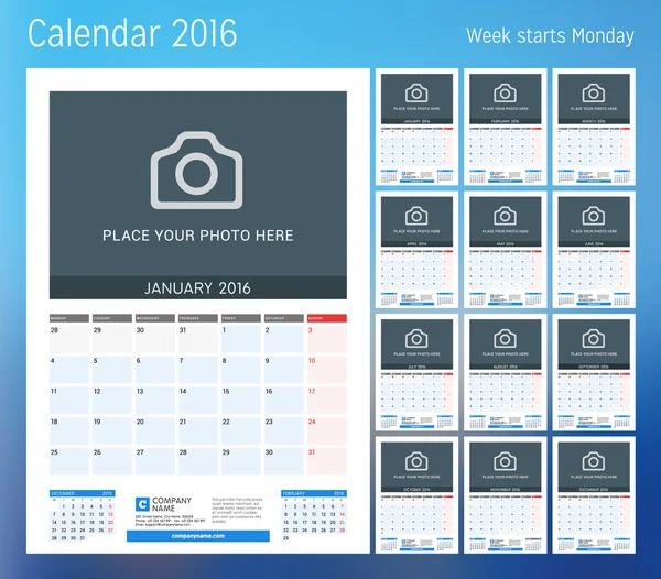 2016年日历。规划器模板。矢量设计打印模板，包含照片的位置。一周从星期一开始。12 个日历页集。文具设计 — 图库矢量图片