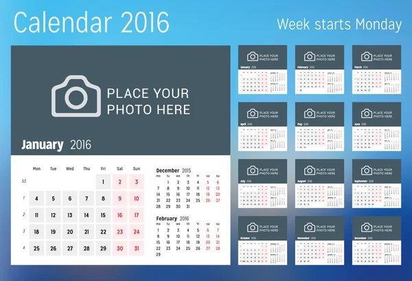 Календарь 2016 года. Векторный дизайн печати шаблон с местом для фото. Неделя начинается в понедельник. Набор из 12 календарных страниц. Канцелярский дизайн — стоковый вектор