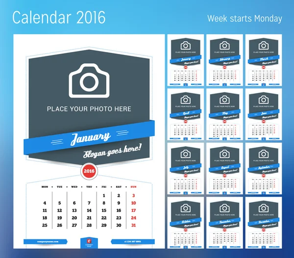 Calendário para 2016 ano. Modelo de impressão de design vetorial com lugar para foto. A semana começa segunda-feira. Conjunto de 12 páginas de calendário. Desenho de papelaria —  Vetores de Stock