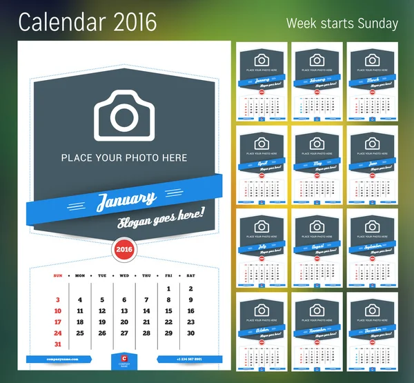 Календарь 2016 года. Векторный дизайн печати шаблон с местом для фото. Неделя начинается в воскресенье. Набор из 12 календарных страниц. Канцелярский дизайн — стоковый вектор