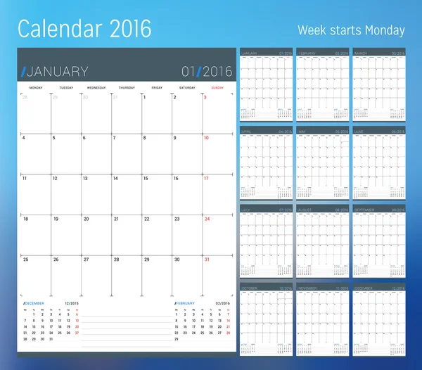 Calendário para 2016 ano. Modelo de planeador. Modelo de impressão de design vetorial. A semana começa segunda-feira. Conjunto de 12 páginas de calendário. Desenho de papelaria —  Vetores de Stock