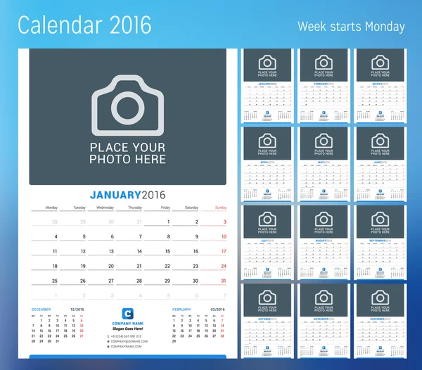 Kalender voor 2016 jaar. Planner sjabloon. Vector ontwerp print sjabloon met plaats voor foto. Week begint maandag. Set van 12 kalender pagina's. Briefpapier ontwerp — Stockvector