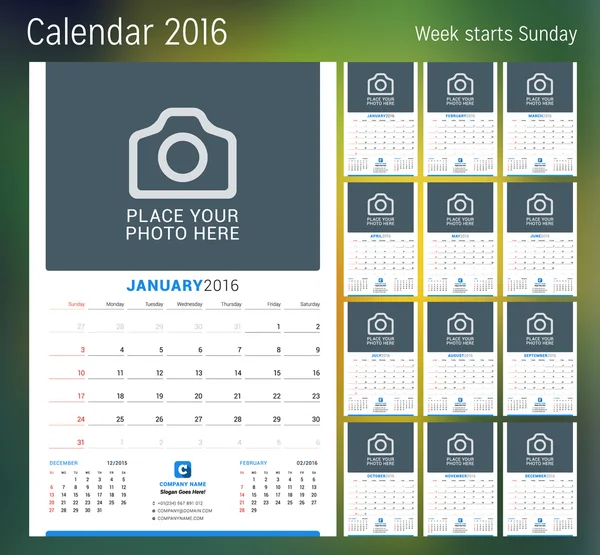 Kalender voor 2016 jaar. Vector ontwerp print sjabloon met plaats voor foto. Week begint zondag. Set van 12 kalender pagina's. Briefpapier ontwerp — Stockvector