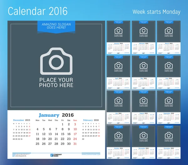 Calendário para 2016 ano. Modelo de impressão de design vetorial com lugar para foto. A semana começa segunda-feira. Conjunto de 12 páginas de calendário. Desenho de papelaria —  Vetores de Stock