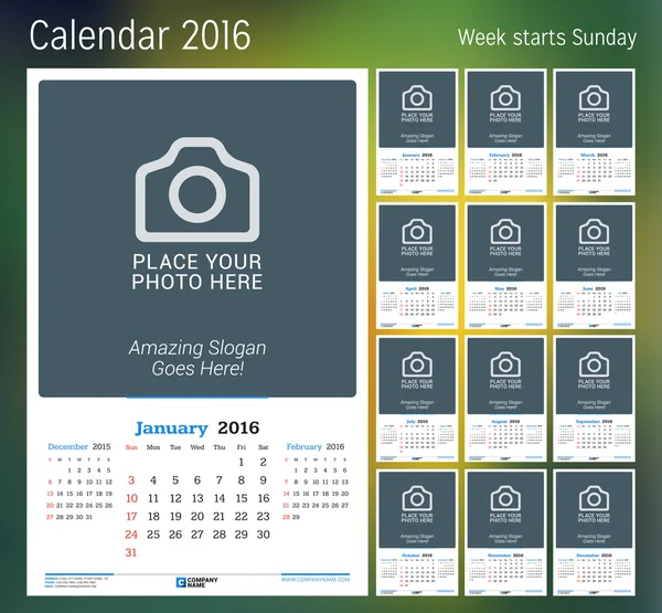 Календарь 2016 года. Векторный дизайн печати шаблон с местом для фото. Неделя начинается в воскресенье. Набор из 12 календарных страниц. Канцелярский дизайн — стоковый вектор