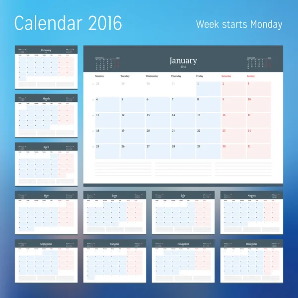 Calendario para 2016 año. Plantilla de planificador. Plantilla de impresión de diseño vectorial. La semana comienza el lunes. Conjunto de 12 páginas del calendario. Diseño de papelería — Vector de stock