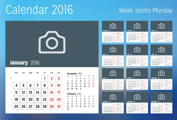 Calendário para 2016 ano. Modelo de impressão de design vetorial com lugar para foto. A semana começa segunda-feira. Conjunto de 12 páginas de calendário. Desenho de papelaria —  Vetores de Stock