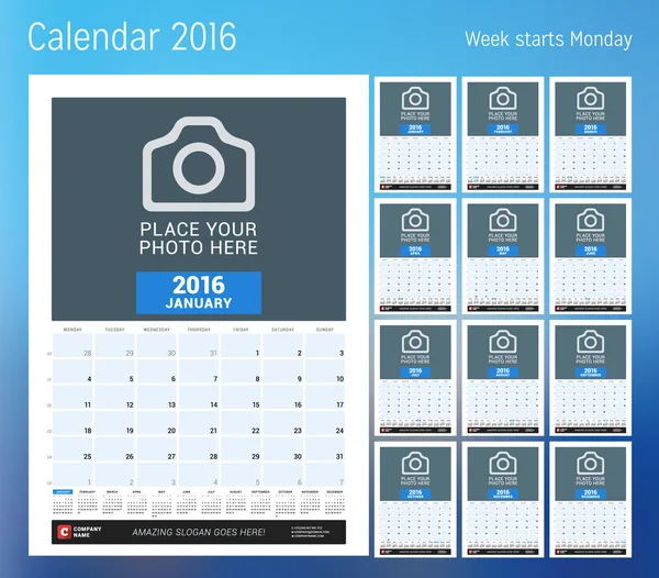 Kalender voor 2016 jaar. Planner sjabloon. Vector ontwerp print sjabloon met plaats voor foto. Week begint maandag. Set van 12 kalender pagina's. Briefpapier ontwerp — Stockvector