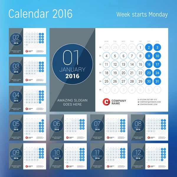 Calendário para 2016 ano. Modelo de impressão de design vetorial com lugar para foto. A semana começa segunda-feira. Conjunto de 12 páginas de calendário. Desenho de papelaria —  Vetores de Stock